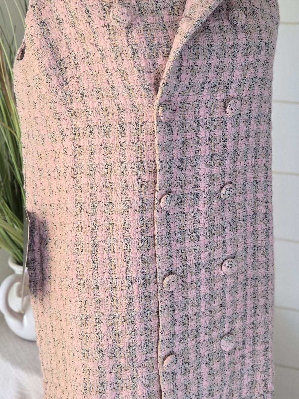 NWT Pomander Place Tuckernuck Pink Tweed Double Breasted Mini Vest Dress Large